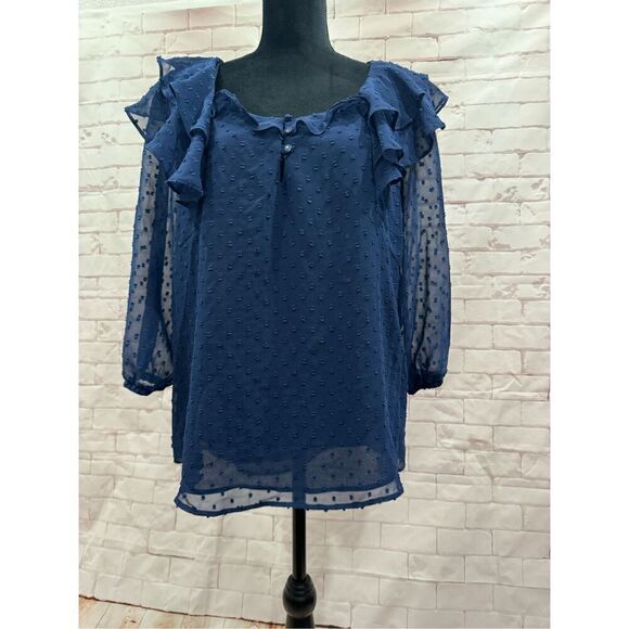 Gibson look 3/4 sleeve navy blue ruffle blouse size medium - Picture 2 of 10